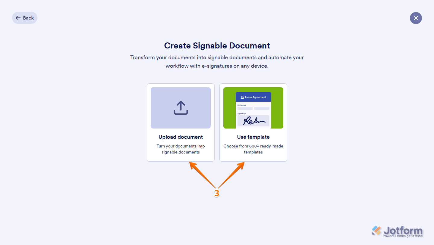 Button option labeled ‘Document’ for uploading a PDF or DOCX file to create a signable document in Jotform Sign