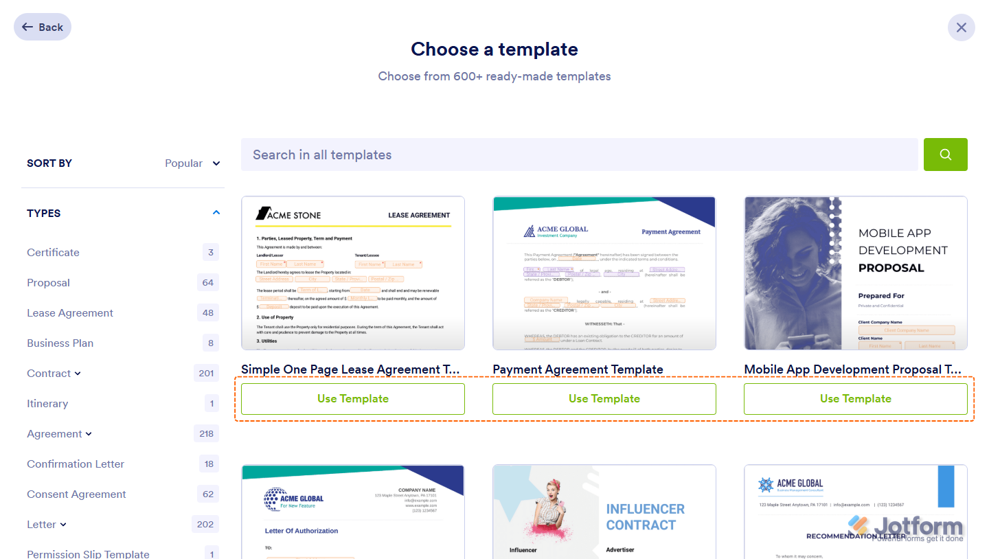 Sign Document Templates page in Jotform Sign, showing over 800 ready-made templates with a ‘Use Template’ button to create a signable document