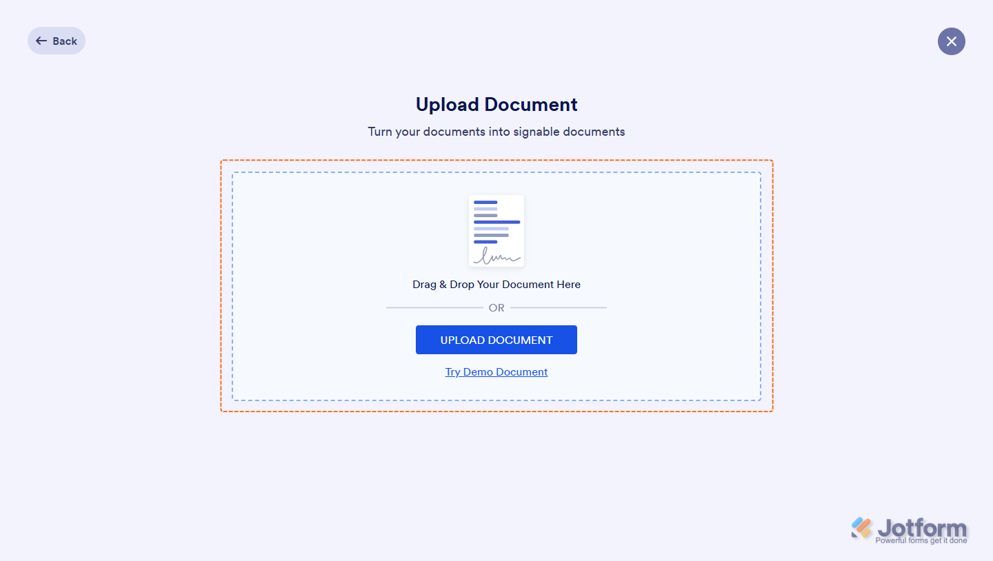 Options to upload a document in Jotform Sign: drag and drop a file, click ‘Upload Document’ to select from your computer, or click ‘Try Document’ to test with a sample file