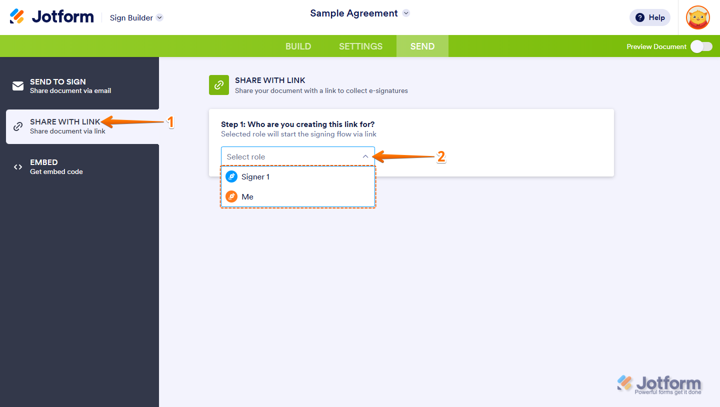 Jotform Sign Builder Share with Link section with Signer role selection dropdown