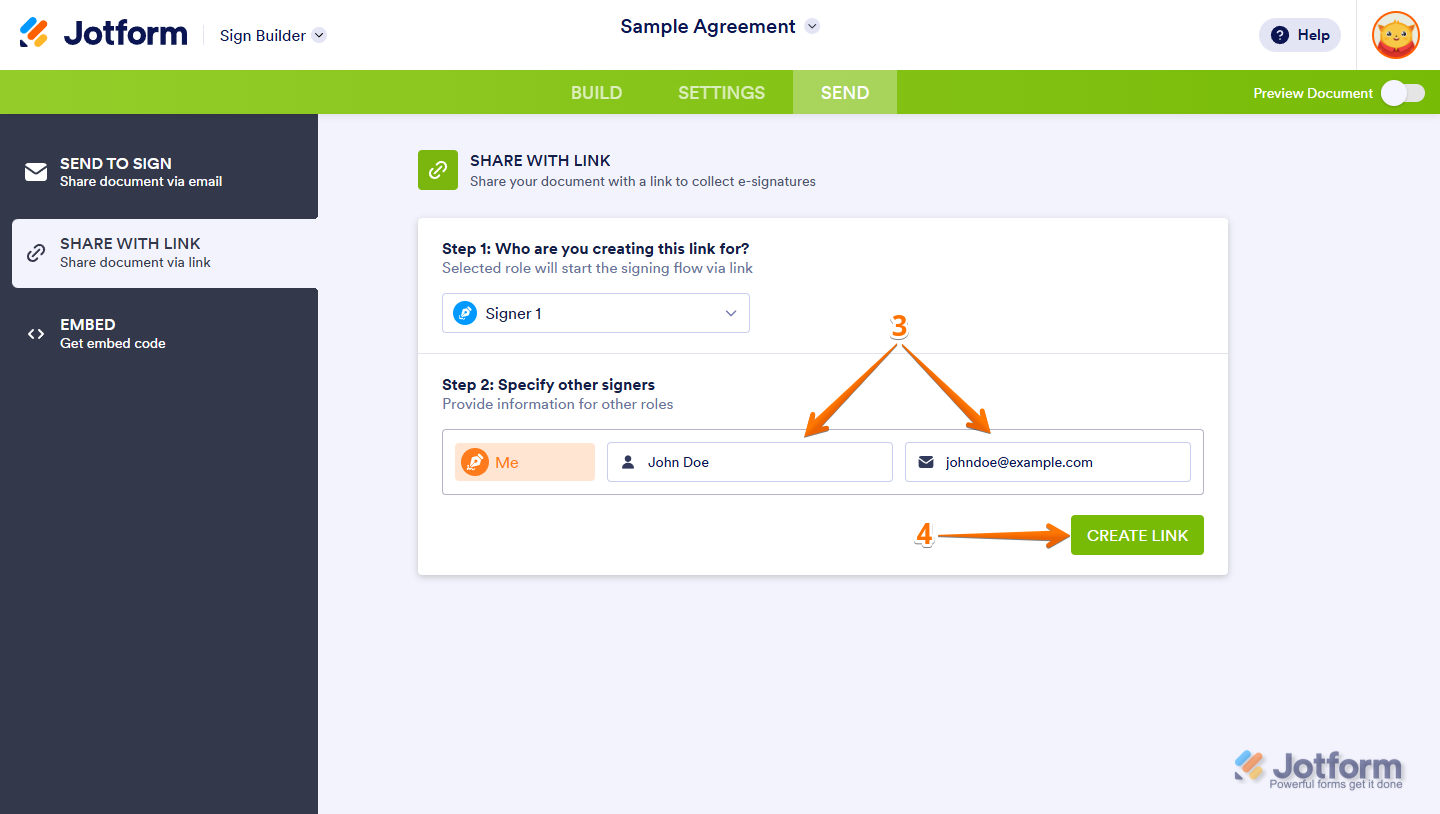 Jotform Sign Builder Specify Other Signers section with fields for Name and Email Address and Create Link button