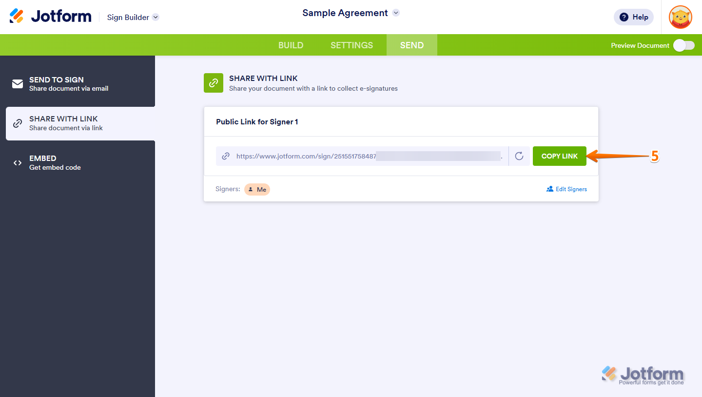 Copy Link button in Jotform Sign Builder to share signable document via direct link