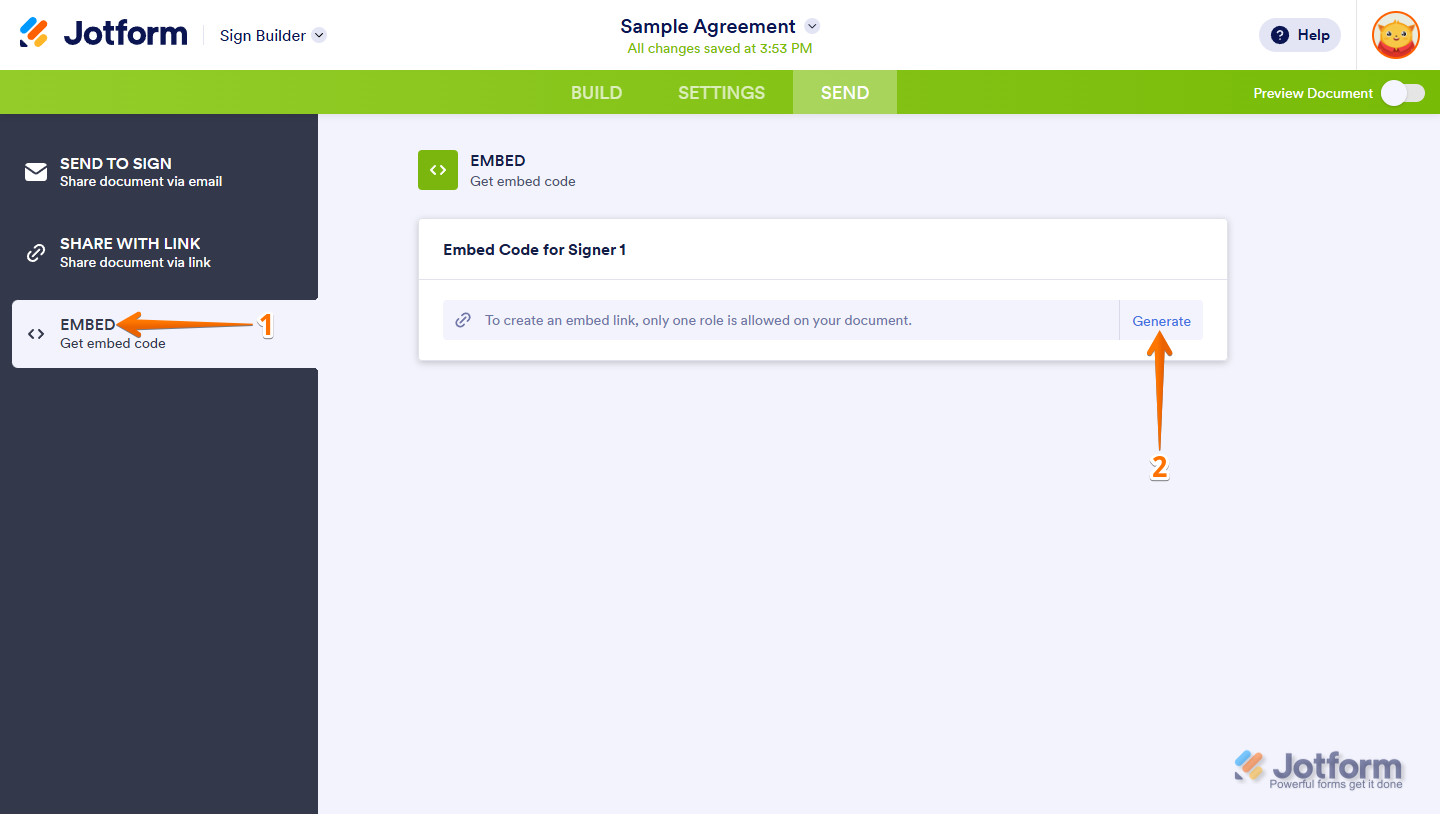 Generate button in Jotform Sign Builder to create embed code for a signable document