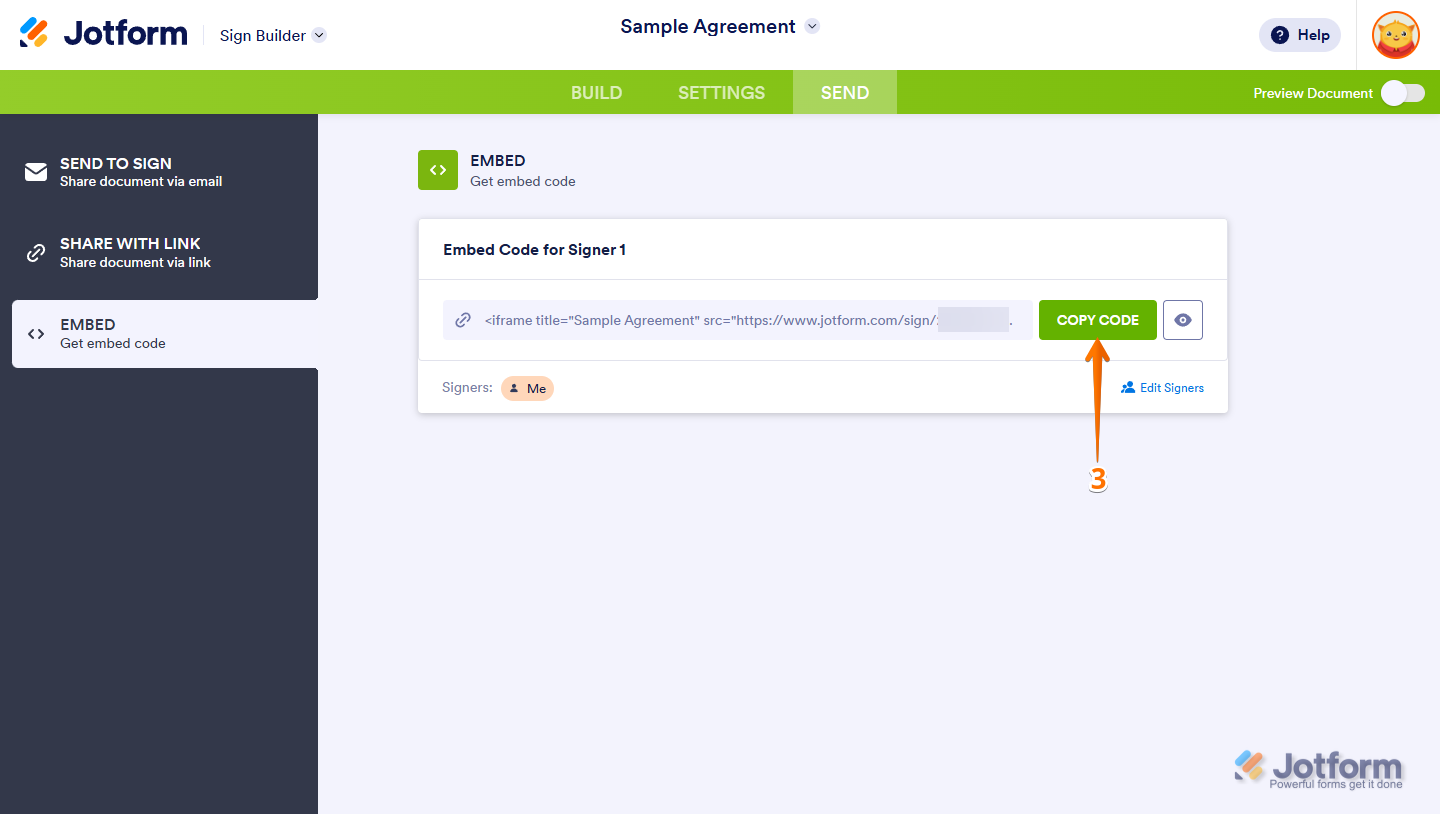 Copy Link button in Jotform Sign Builder to copy the embed code for a signable document