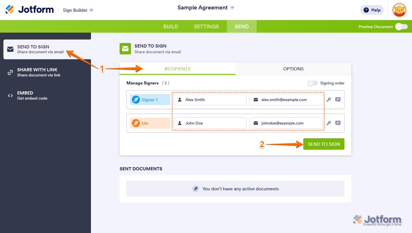 Jotform Sign Builder Send to Sign section with fields to enter signer’s name and email, and a Send to Sign button