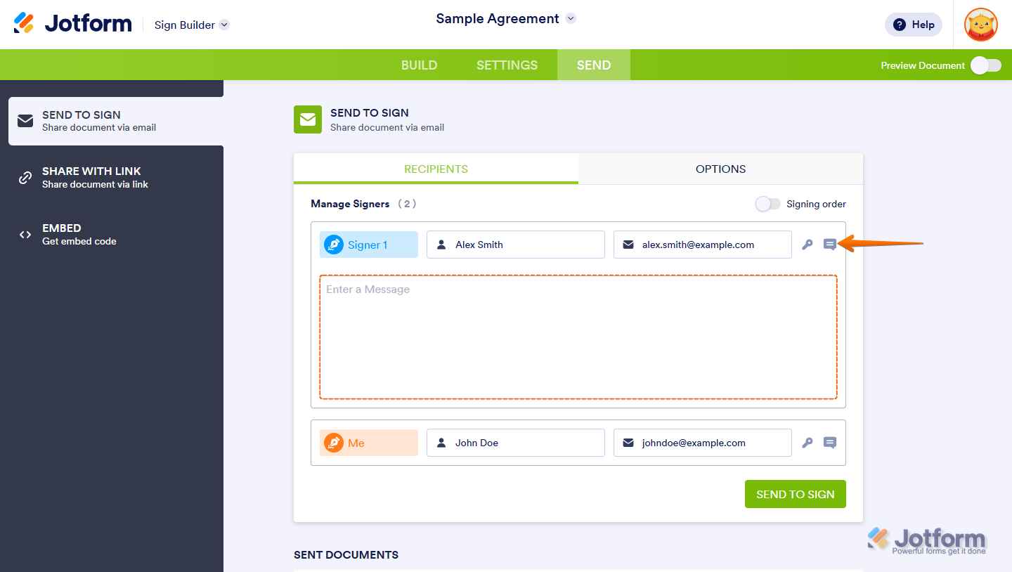 Jotform Sign Builder Message Icon to edit the email message sent to signers
