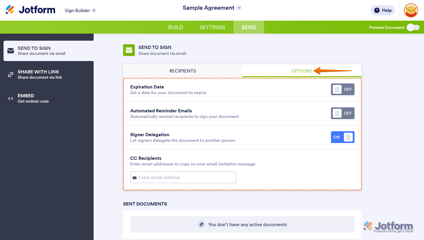 Jotform Sign Builder Options tab showing settings for Expiration Date, Automated Reminder Emails, Signer Delegation, and CC Recipients