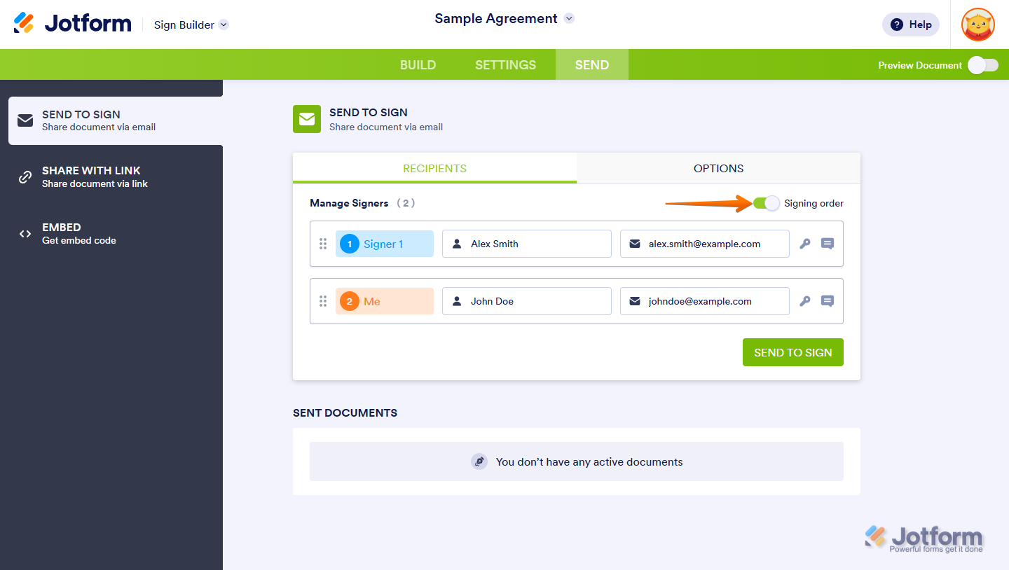 Jotform Sign Builder Signing Order toggle to set the sequence of signers for the document