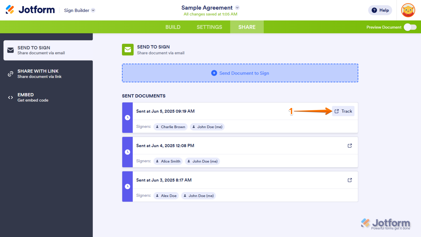 Track button in Jotform Sign Builder to monitor the status of a sent signable document
