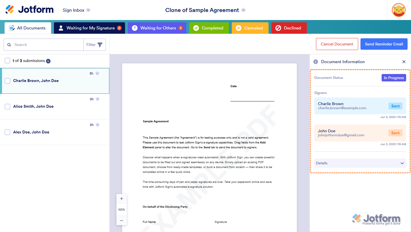 Sign Inbox in Jotform Sign showing the status and progress of sent signable documents