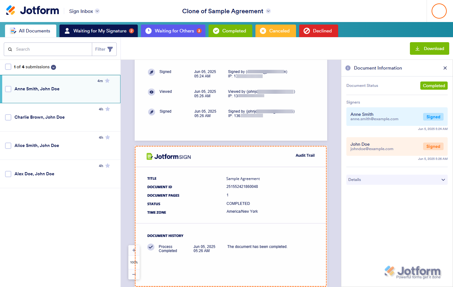 Audit Trail in Jotform Sign showing a record of who signed the document and the timestamp of each signature