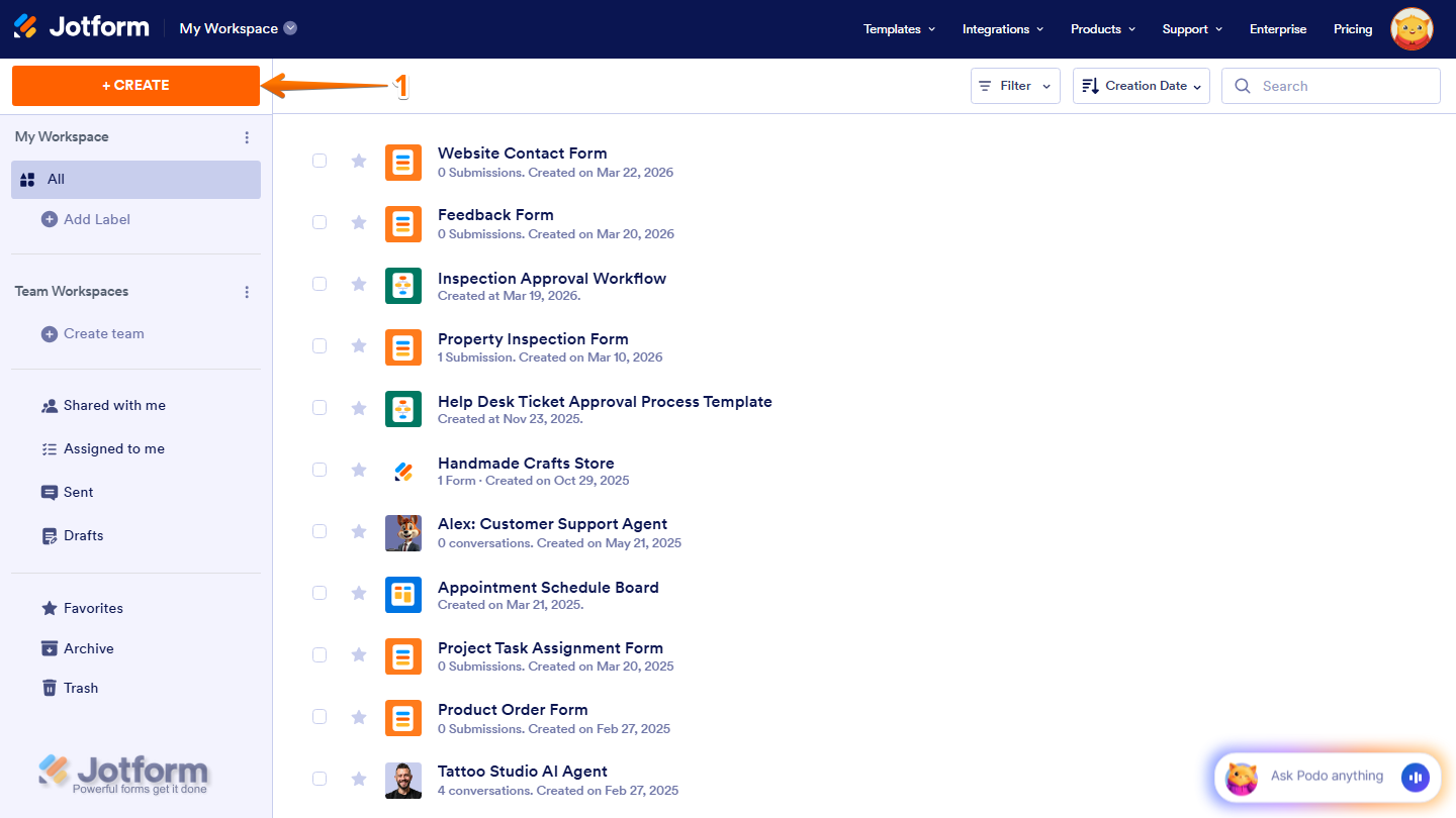 Create button highlighted in the top-left corner of the Jotform Workspace page