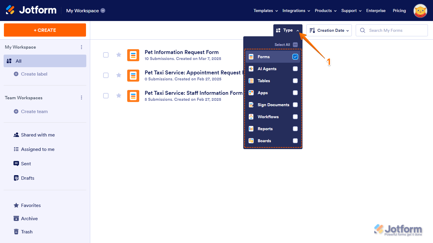 Forms option checked in the Type dropdown menu on the Jotform My Workspace page