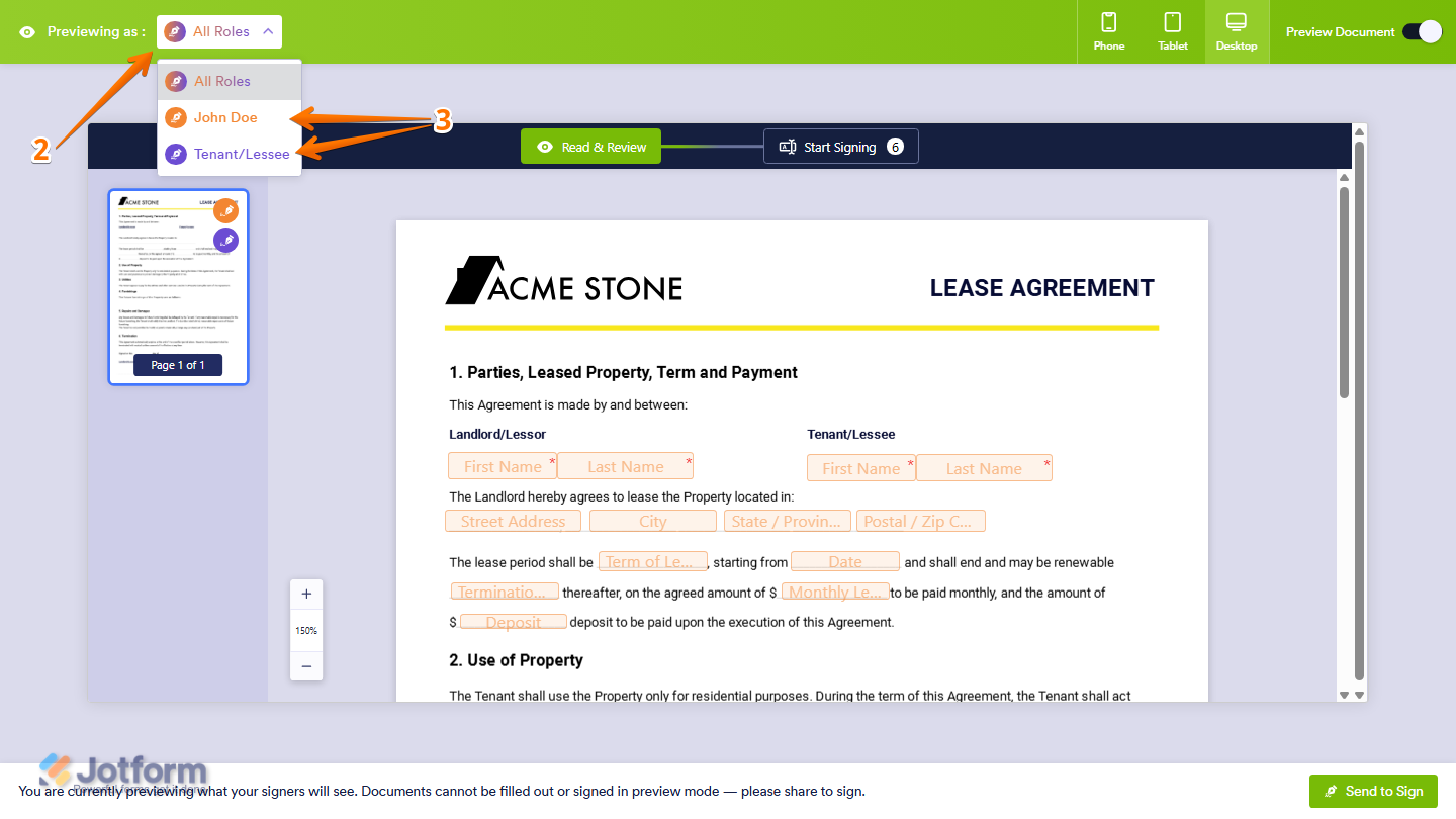 Sign Builder Preview mode showing the Previewing As dropdown with signer selection options in Jotform