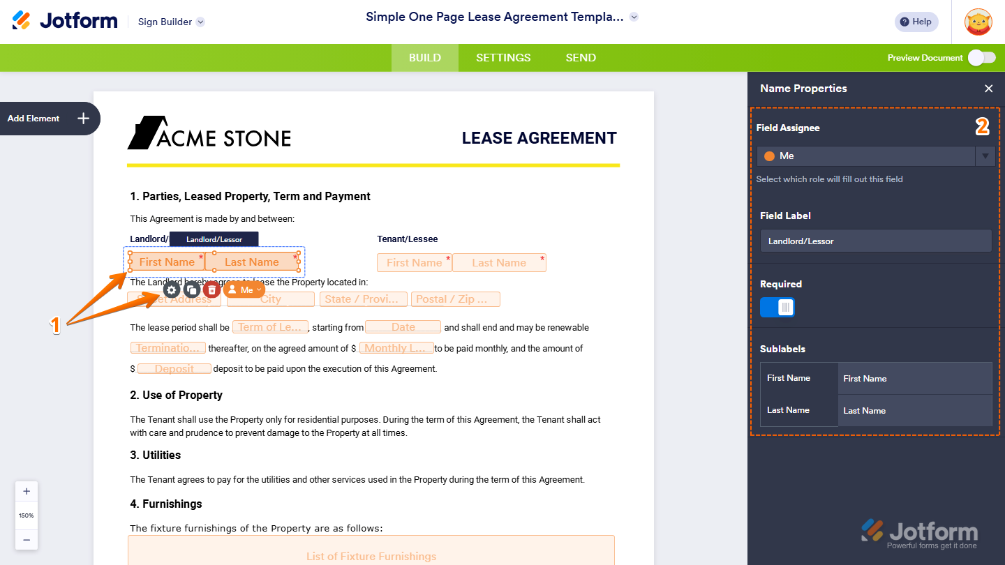 Sign Builder showing selected field Properties panel with assignee label required and sublabel settings in Jotform