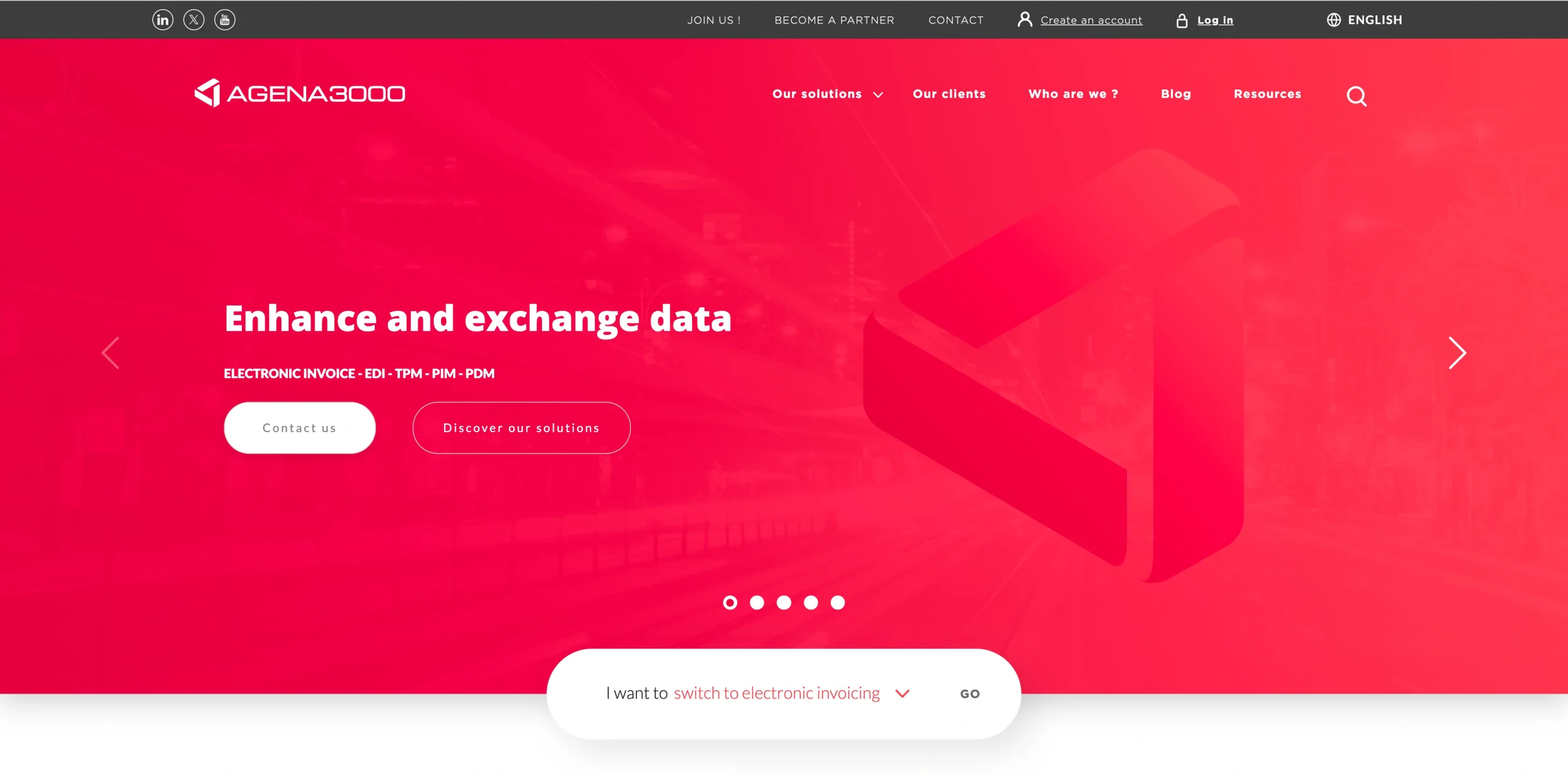 Screenshot of Agena3000's landing page, showing a headline "Enhance and exchange data"