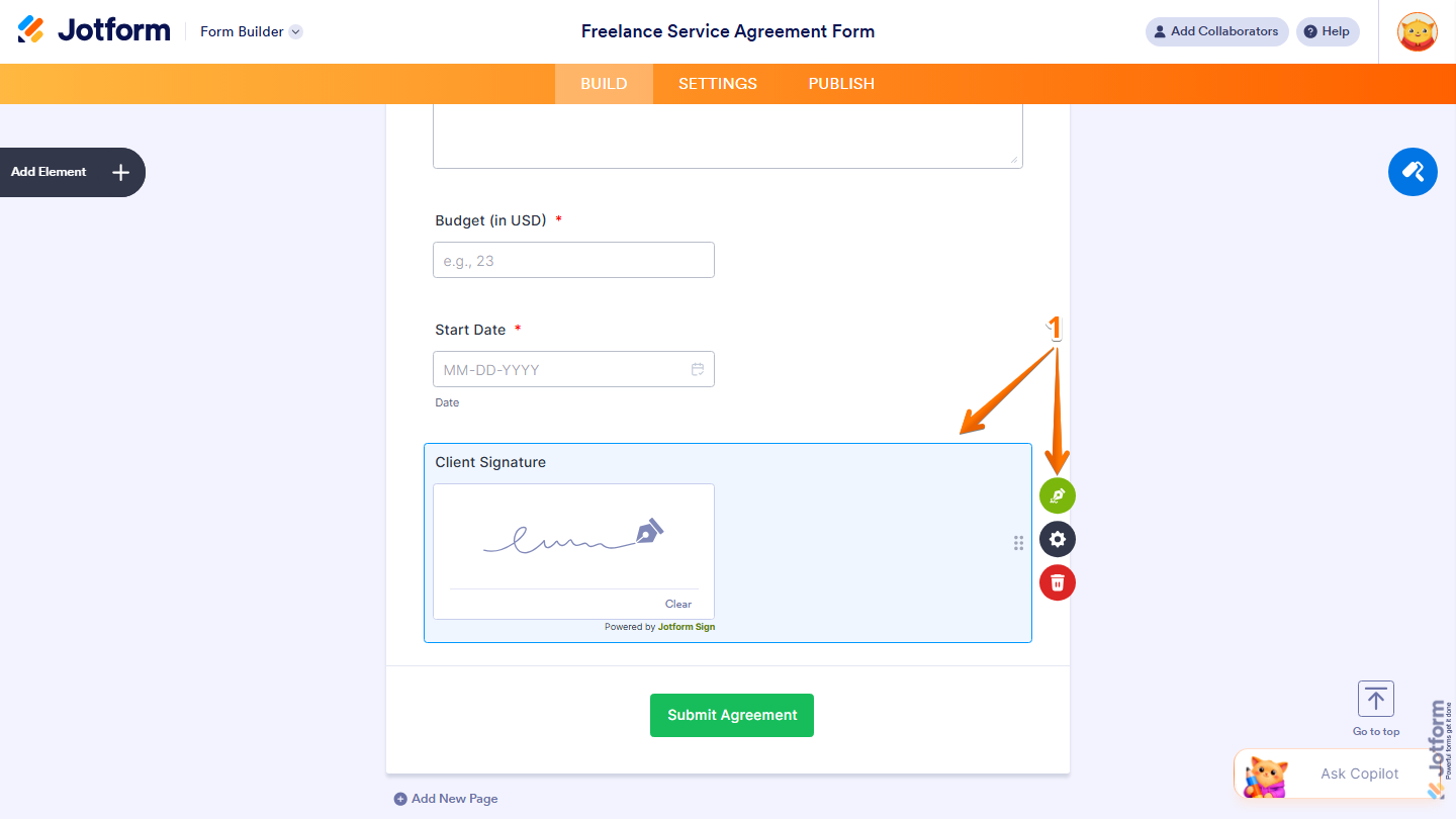 Form Builder showing selected Signature field with Signature Pen icon in Jotform