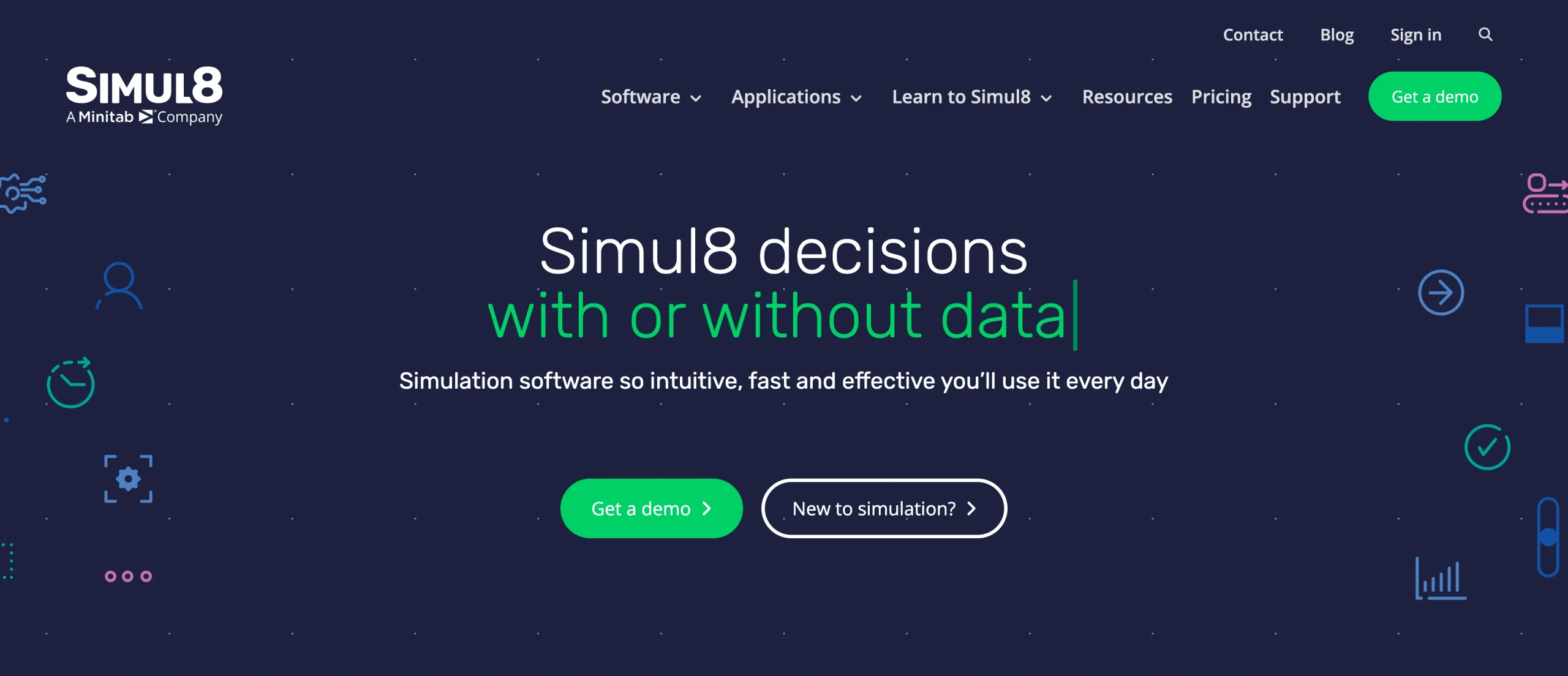 Screenshot of Simul8's landing page, showing a headline "Simul8 decisions with or without data"