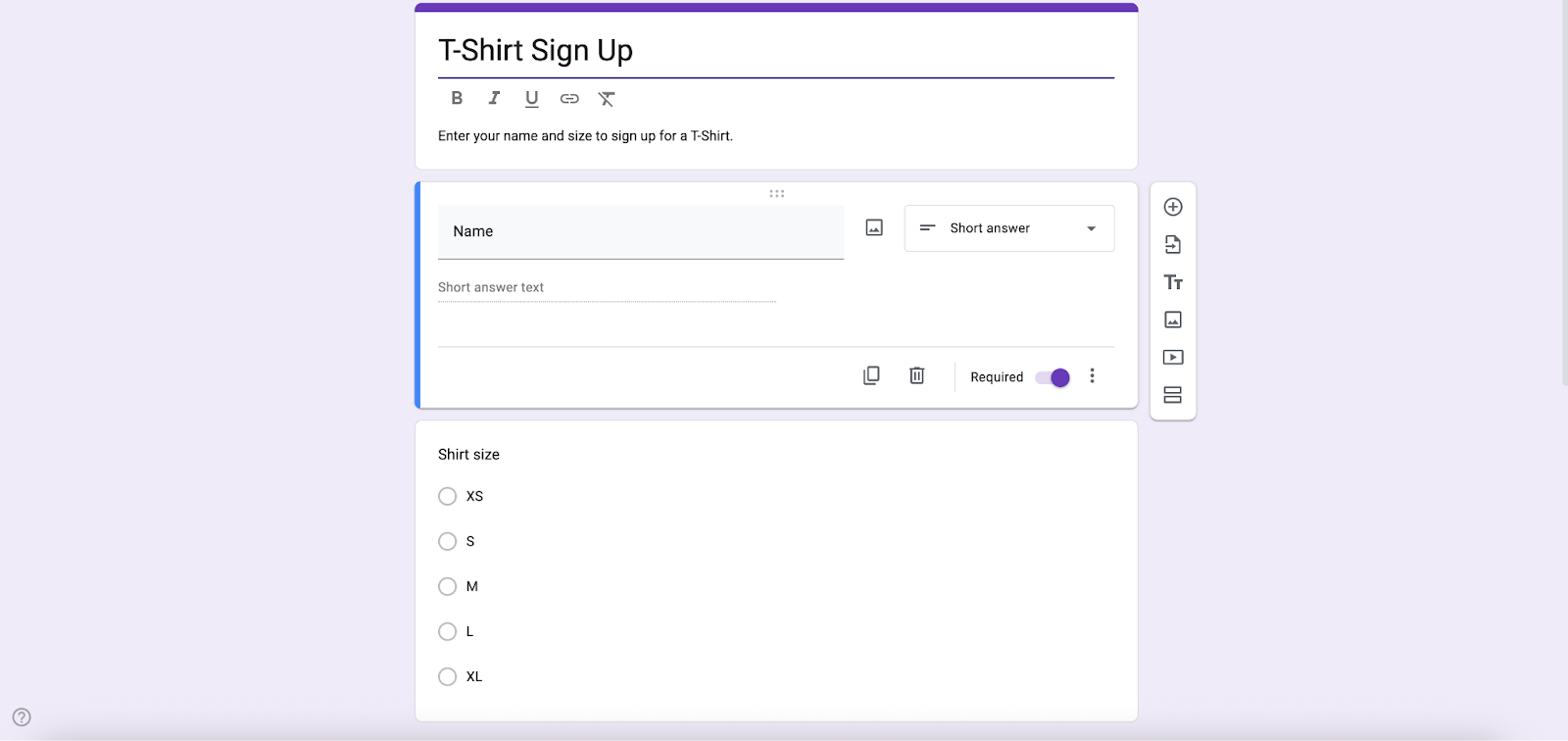 Google Forms T-Shirt Sign Up Form Template