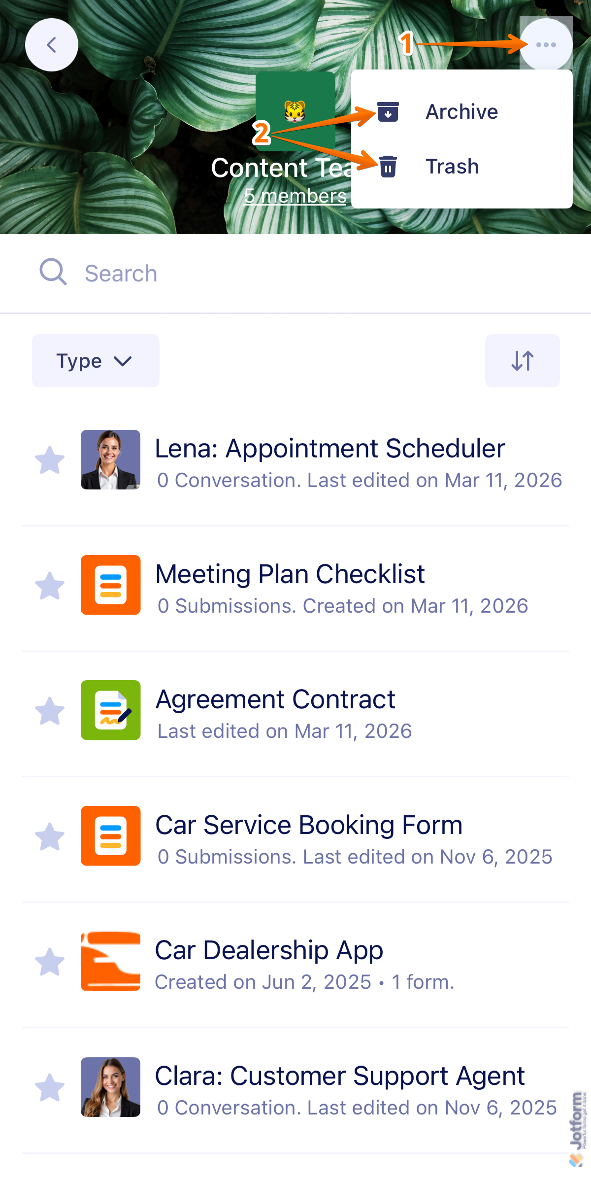 Jotform Mobile App Team Workspace menu showing Three Dots options with Archive and Trash selections