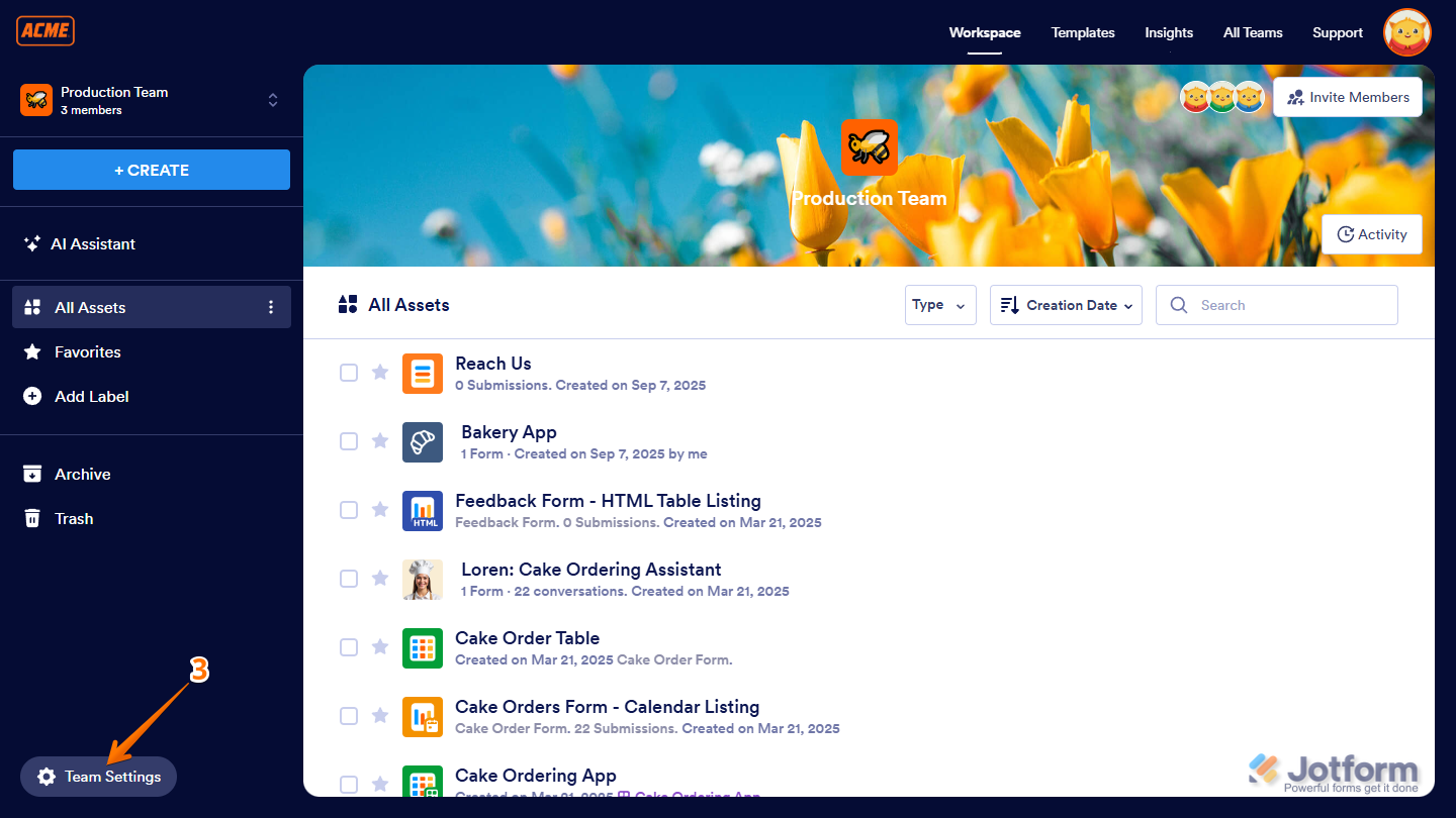 Schaltfläche „Teameinstellungen“ auf der Jotform-Workspace-Seite