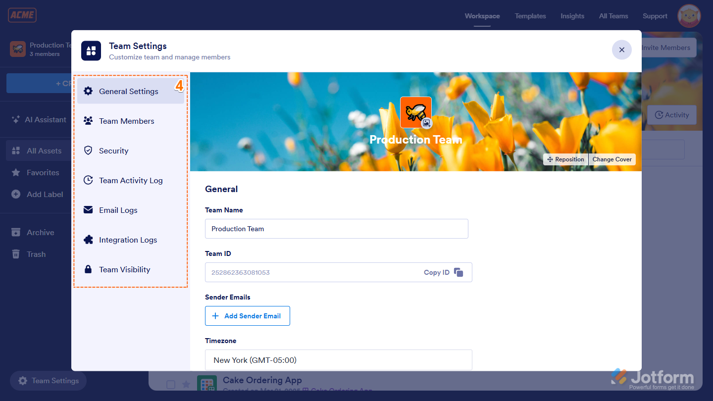 Different tabs in Team Settings window in Jotform Workspace page