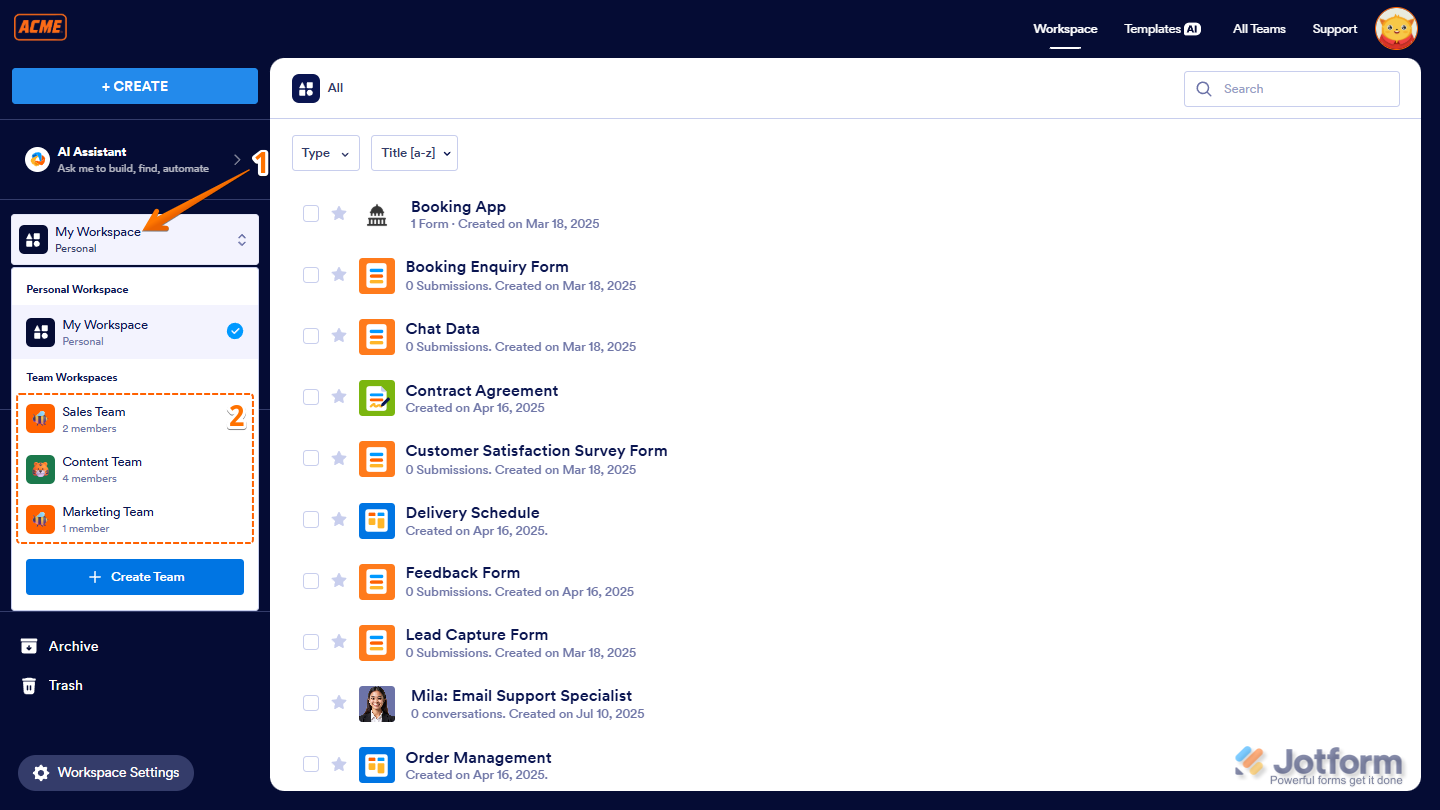 My Workspace page open in Jotform, showing Team Workspaces menu with a team selected (e