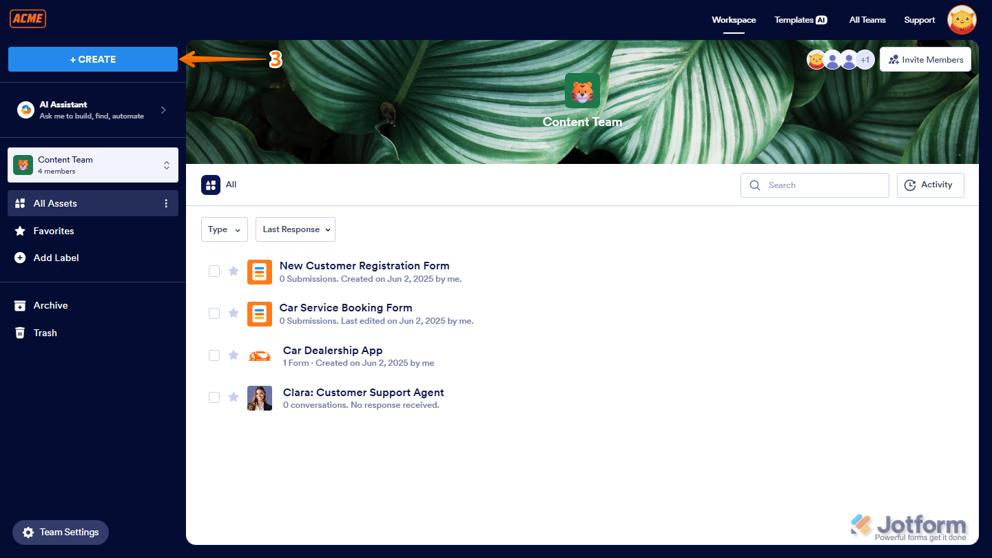 Workspace page in Jotform with the "Create" button highlighted at the top-left corner of the screen