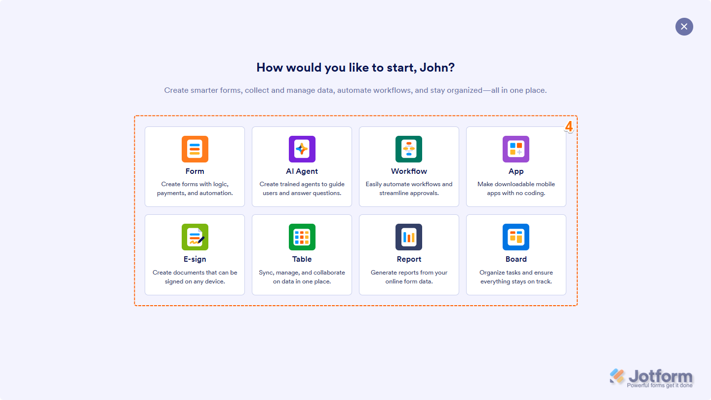 Choose an asset to create: Form, AI Agent, Workflow, App, Sign Document, Table, Report, or Board in Jotform