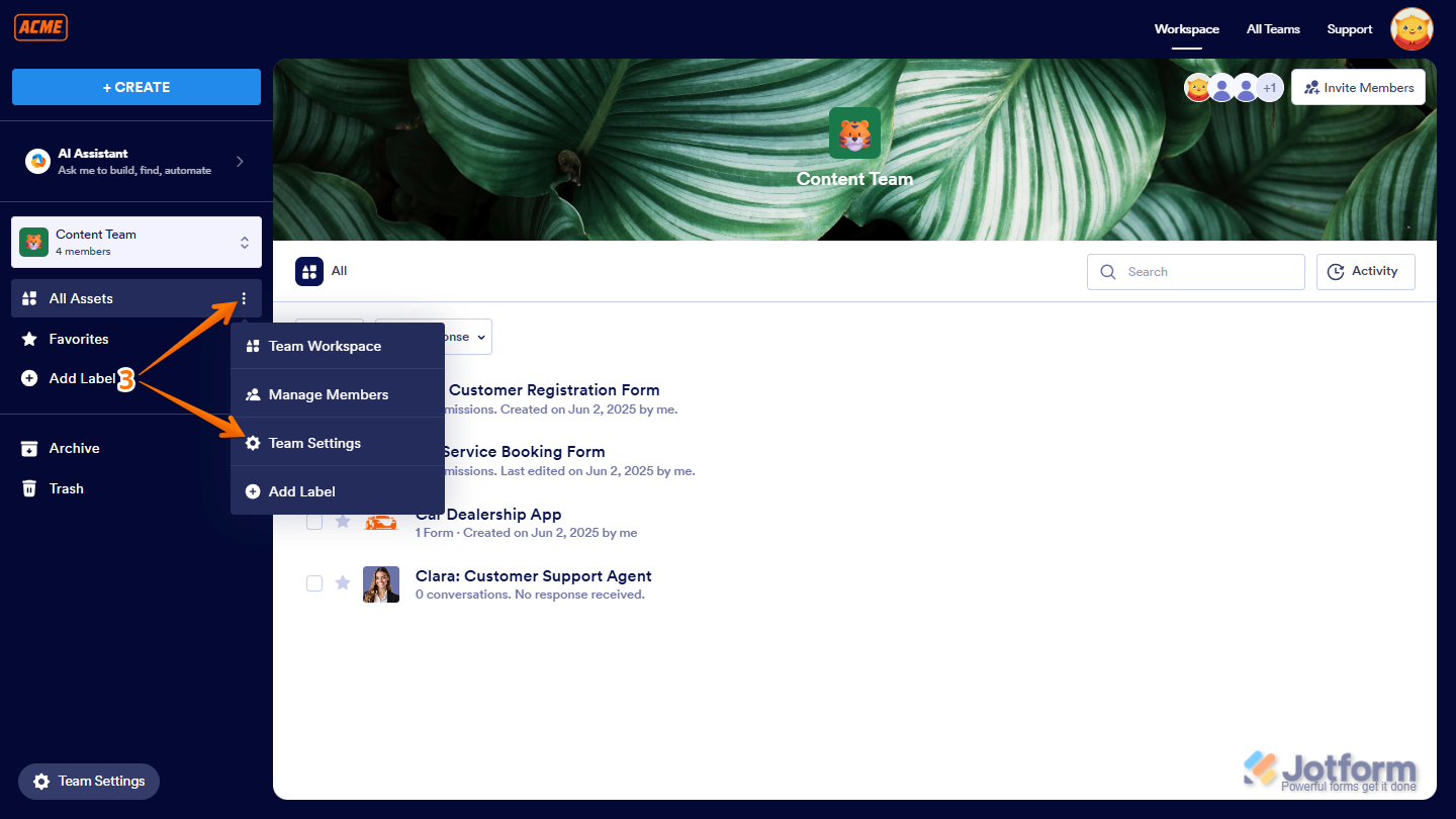 Clicking the Three Dots icon next to All Assets in the Team Workspace to open the Team Settings in Jotform