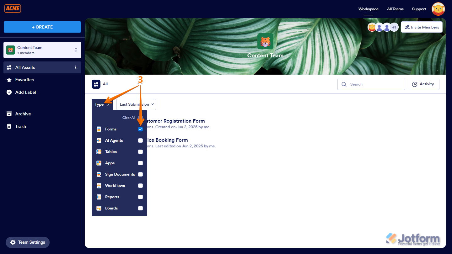 Filtering assets in Jotform Team Workspace by clicking Type on the left side and unchecking all options except Forms to display only form assets on the page