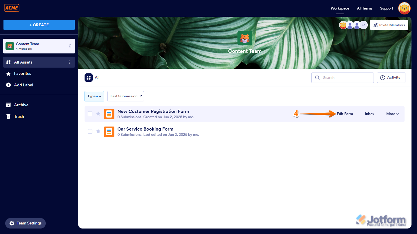 Opening a form for editing in Jotform Team Workspace by clicking or hovering over the form and selecting Edit Form