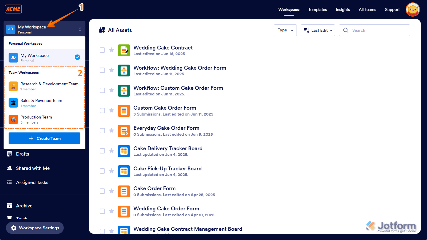 Select Team in Team Workspaces section of the My Workspace menu on Workspace page