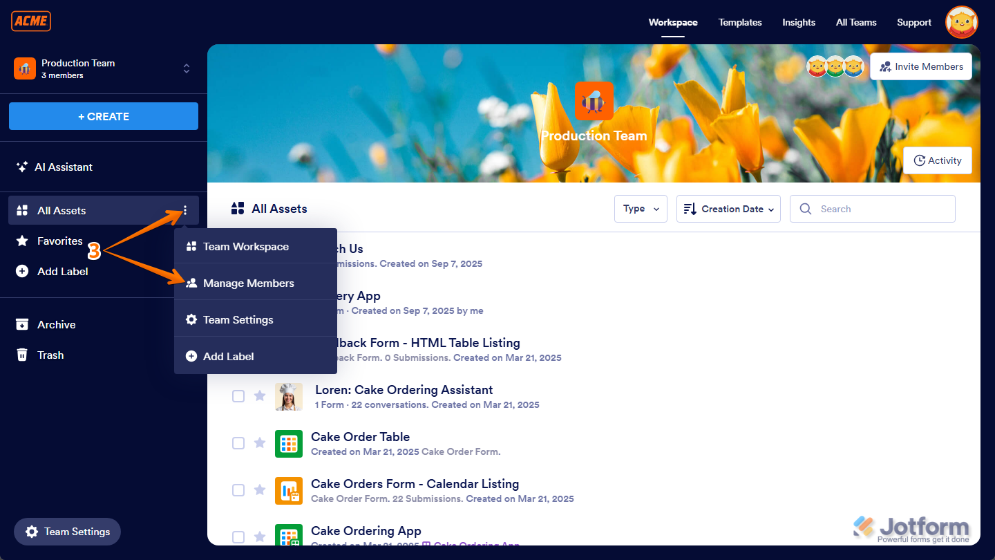 Manage Members option in the All Assets menu of a Team on Workspace page