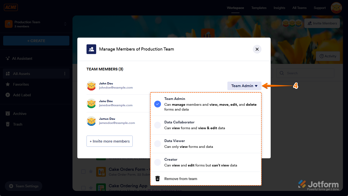 Change Role Dropdown menu in the Team Members section of the Manage Members of a Team window on Workspace page