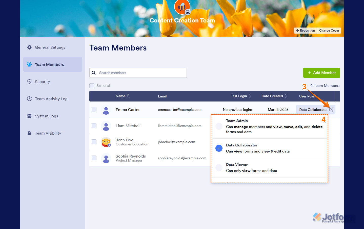 Updating a team member’s role in Jotform Team Settings by clicking Team Members, selecting the Pencil icon, and choosing a role such as Team Admin, Data Collaborator, Data Viewer, or Creator