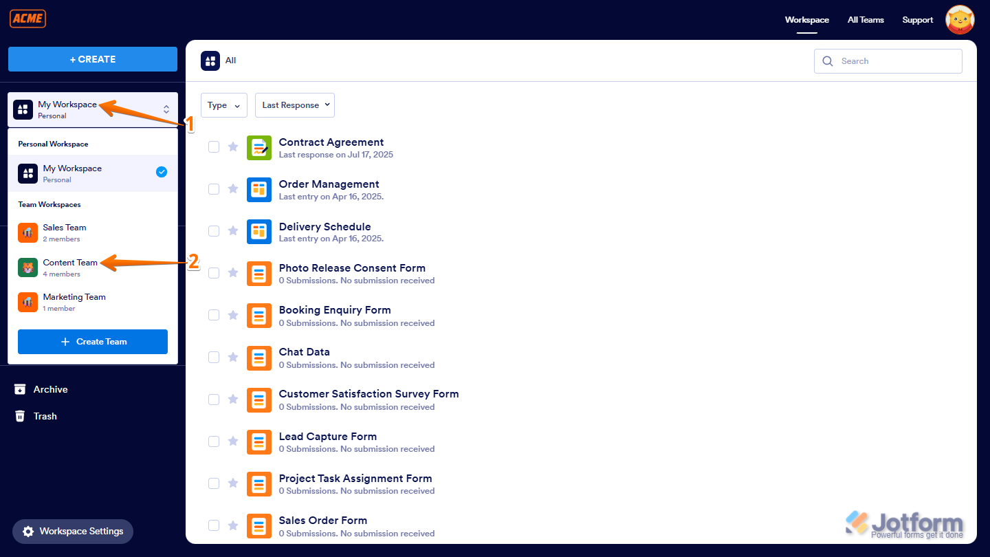 Clicking My Workspace on the left side of the page and selecting a team under Team Workspaces, like the Content Team, in Jotform