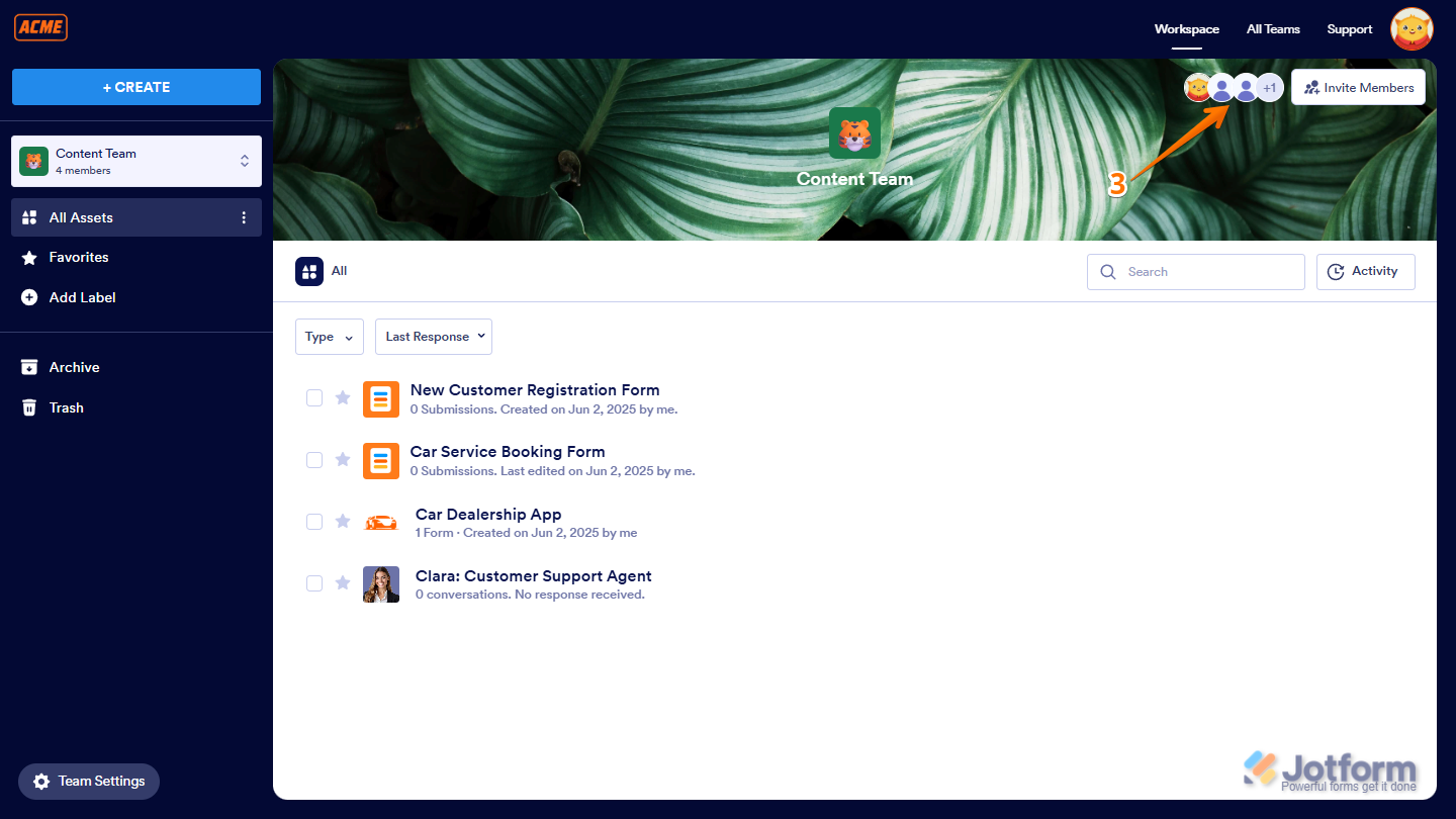 Clicking the Members icon in the top-right corner of the Team Workspace page in Jotform