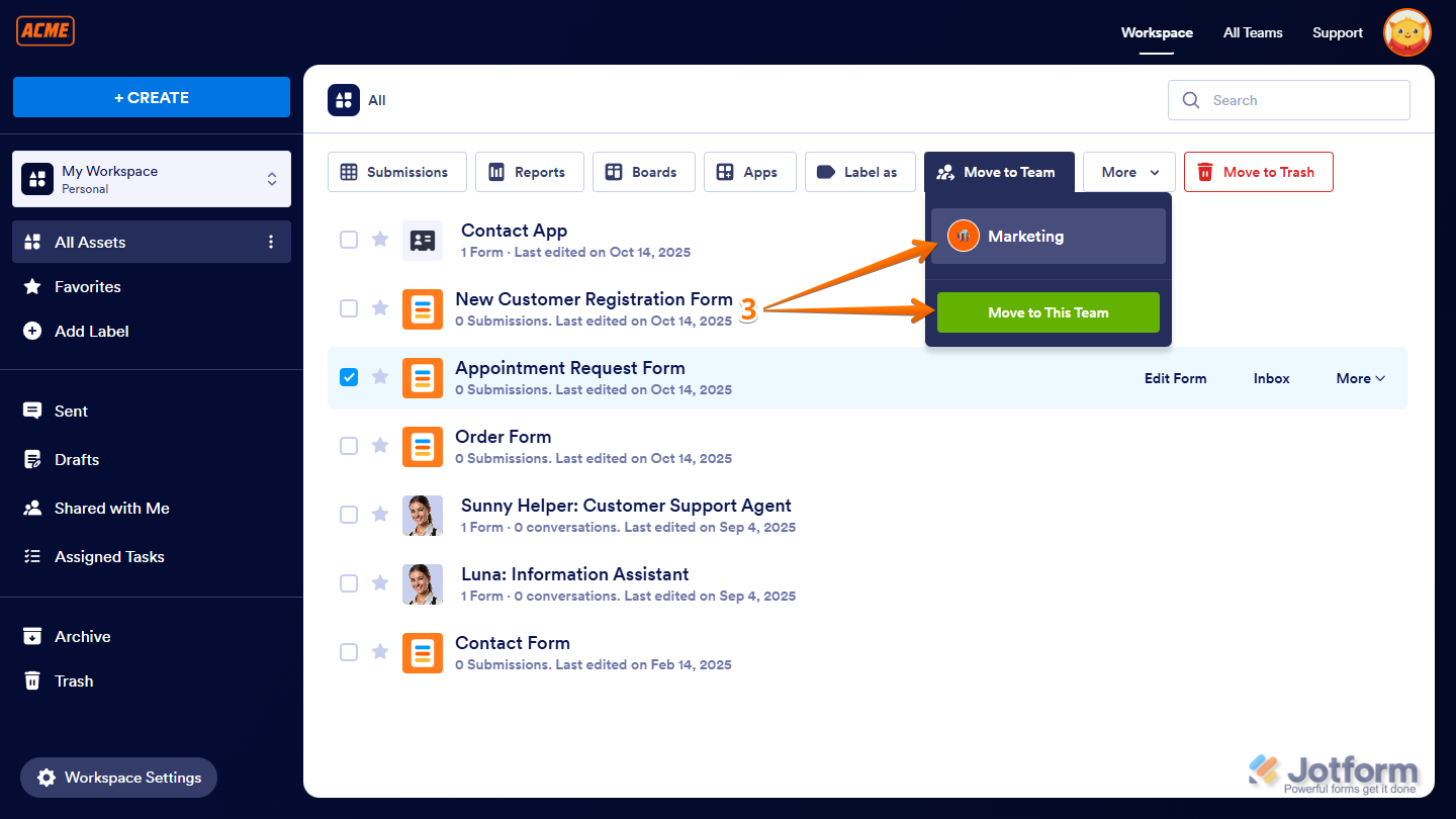 Selecting a team from the dropdown to move a form in Jotform