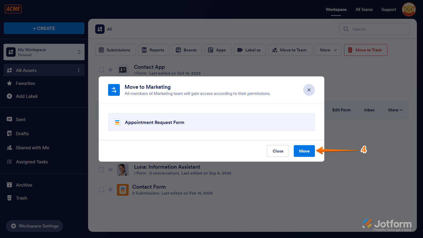 Clicking Move in the confirmation window to complete asset transfer in Jotform
