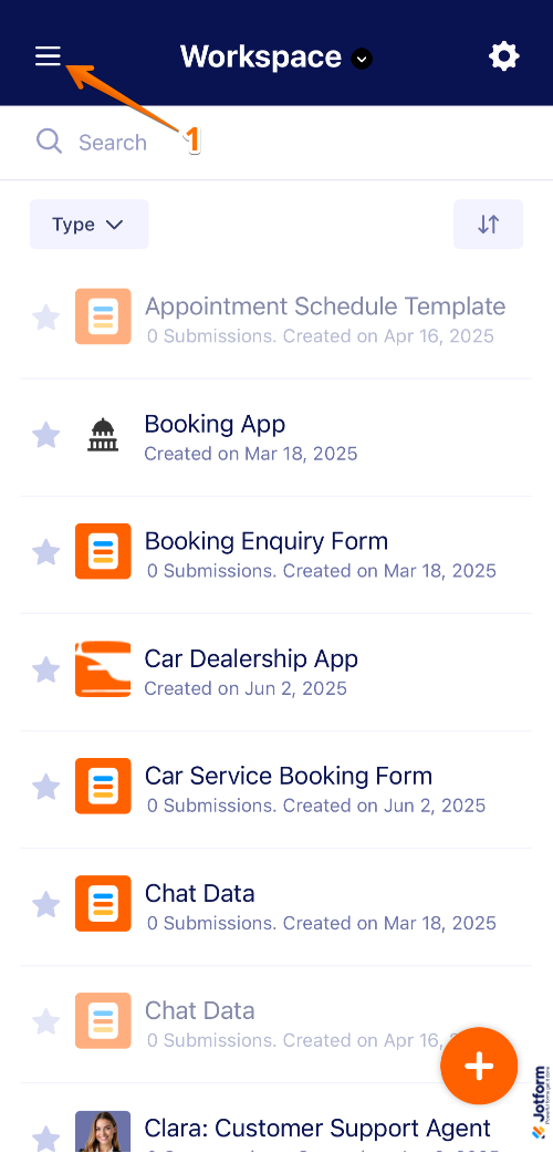 Three-line menu icon highlighted on the left side of the Jotform Mobile App screen for accessing the main navigation menu