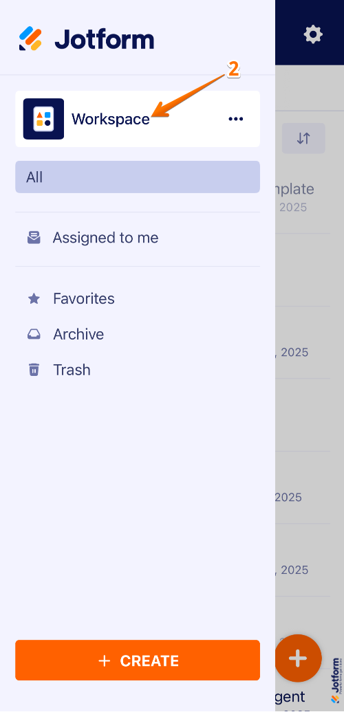 Workspace option highlighted in the menu of the Jotform Mobile App for accessing team workspaces