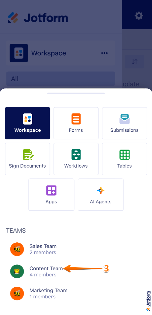 Team selection screen in the Jotform Mobile App, showing the Content Team under the Teams section