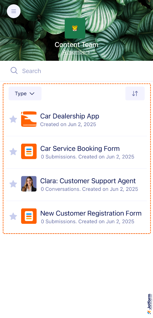 List of forms and assets displayed in the Team Workspace on the Jotform Mobile App