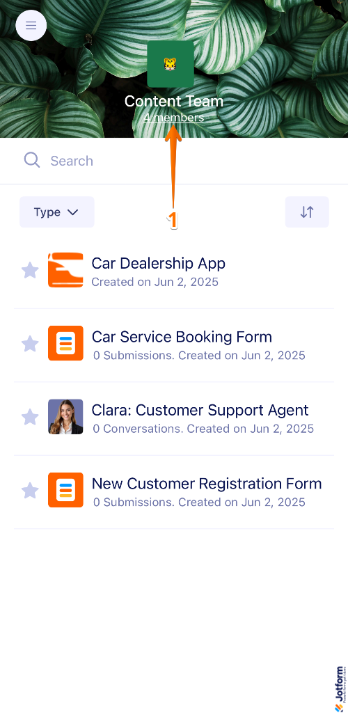 Viewing team members in Jotform Teams Workspace on mobile, showing the Members link below the team name