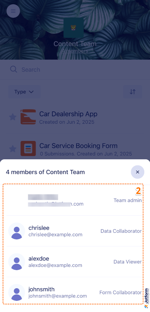 List of team members in the Manage Members of Team window in Jotform Teams Workspace