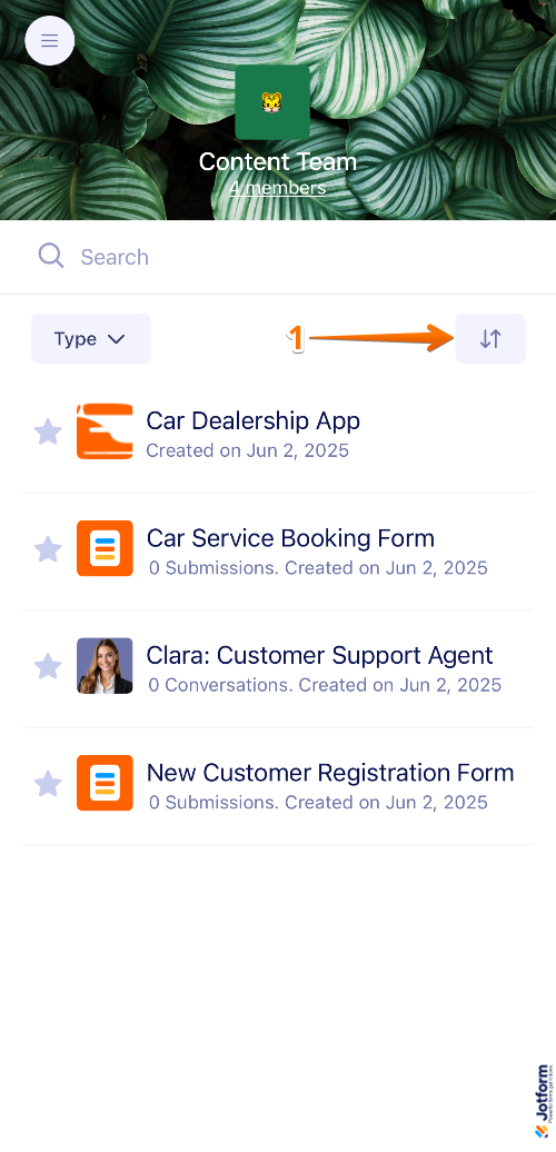 Jotform Mobile App showing the Sorting icon in the Teams Workspace to organize forms, submissions, and other assets