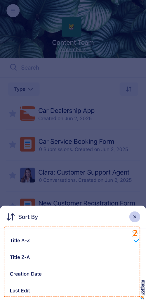 Sorting options for assets in Jotform Teams Workspace on mobile app: Title (A-Z), Title (Z-A), Creation Date, Last Edit