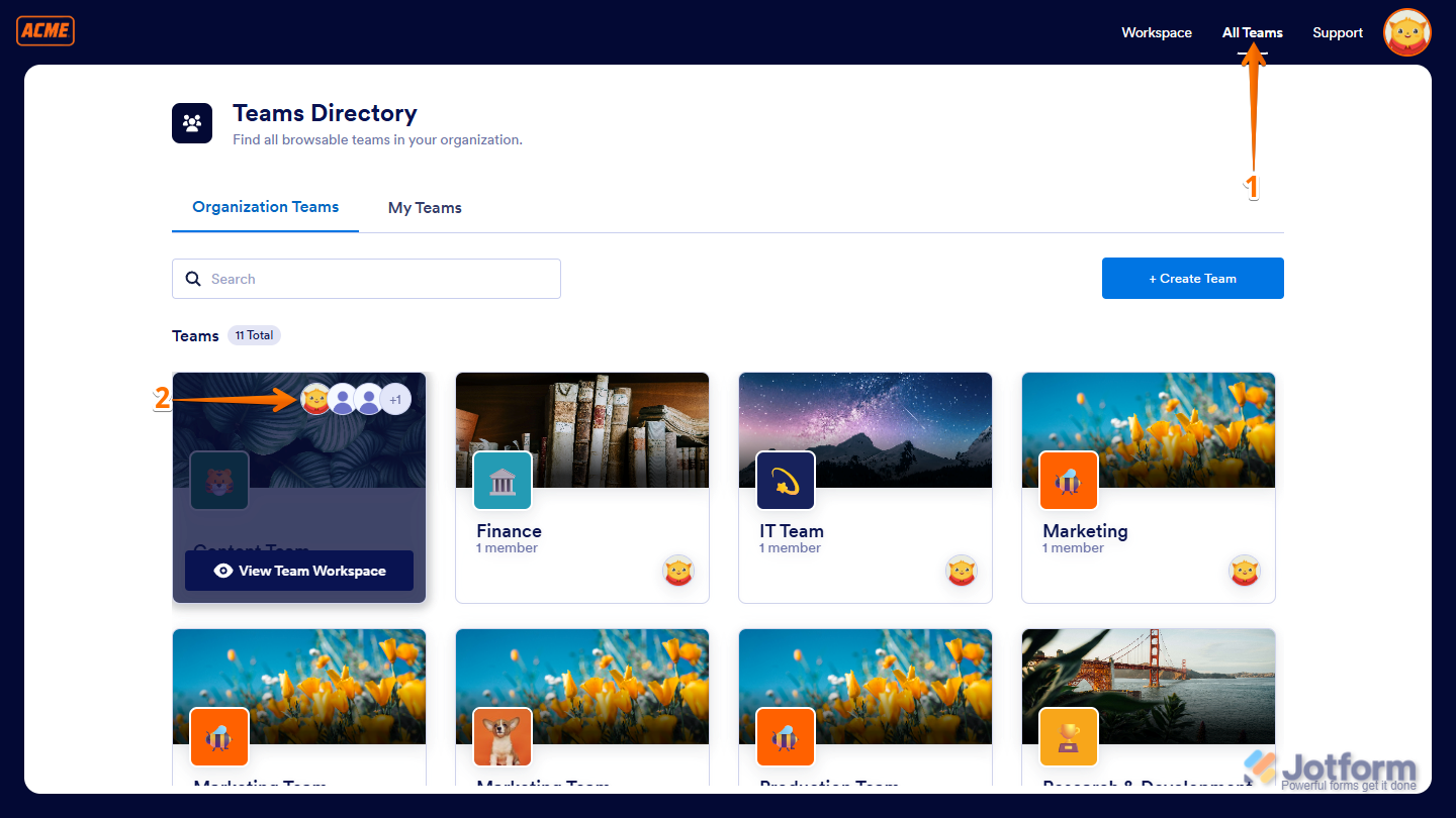 My Workspace page showing the All Teams option with a team selected and the See All button highlighted in Jotform Teams.
