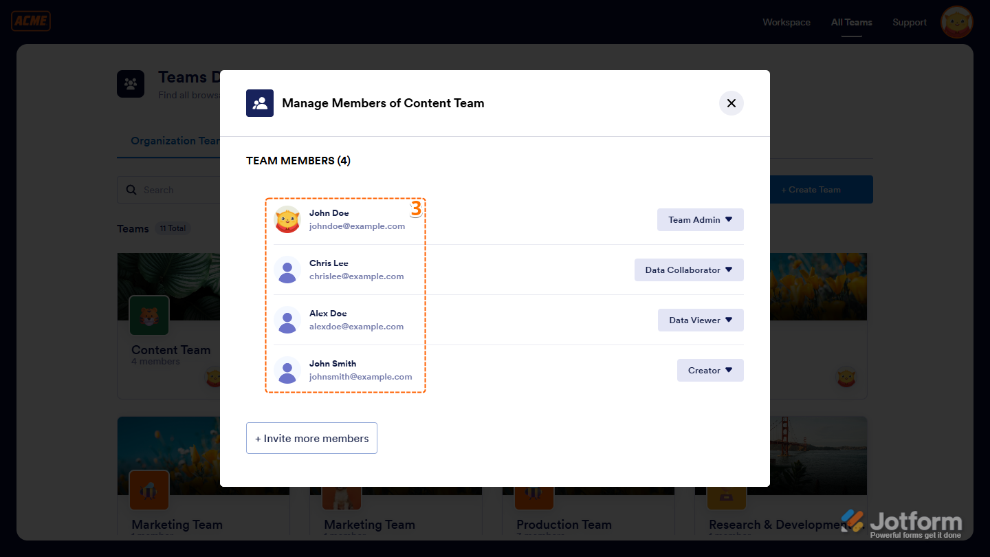 Window displaying a list of team members with their names and email addresses in Jotform Teams Workspace